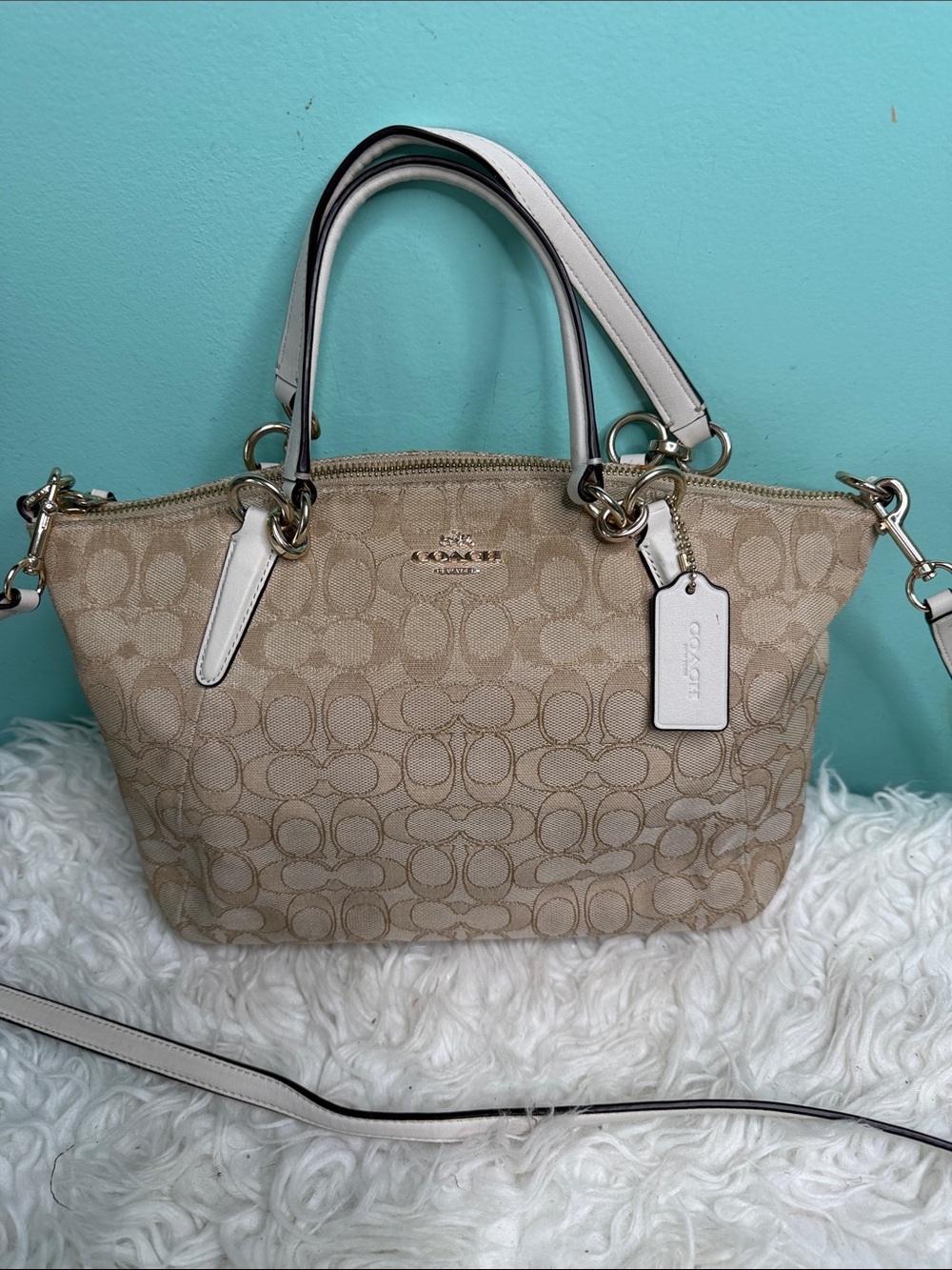 Authentic Coach Beige Canvas Signature Satchel with White Trim